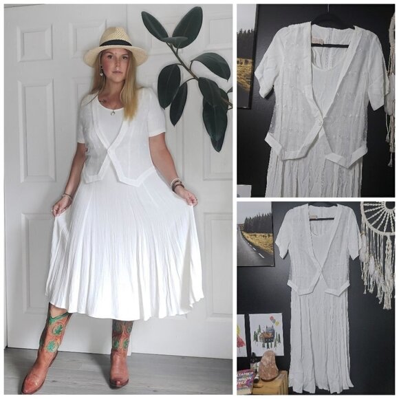 𝅺CRISP White Vintage Algo Short Sleeve Maxi Dress Sown in Mesh Embroidere… - Picture 1 of 11